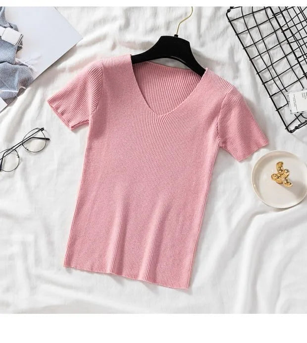 V-neck Solid Thin Summer Women Pullover Female Knitted Ribbed Sweater.