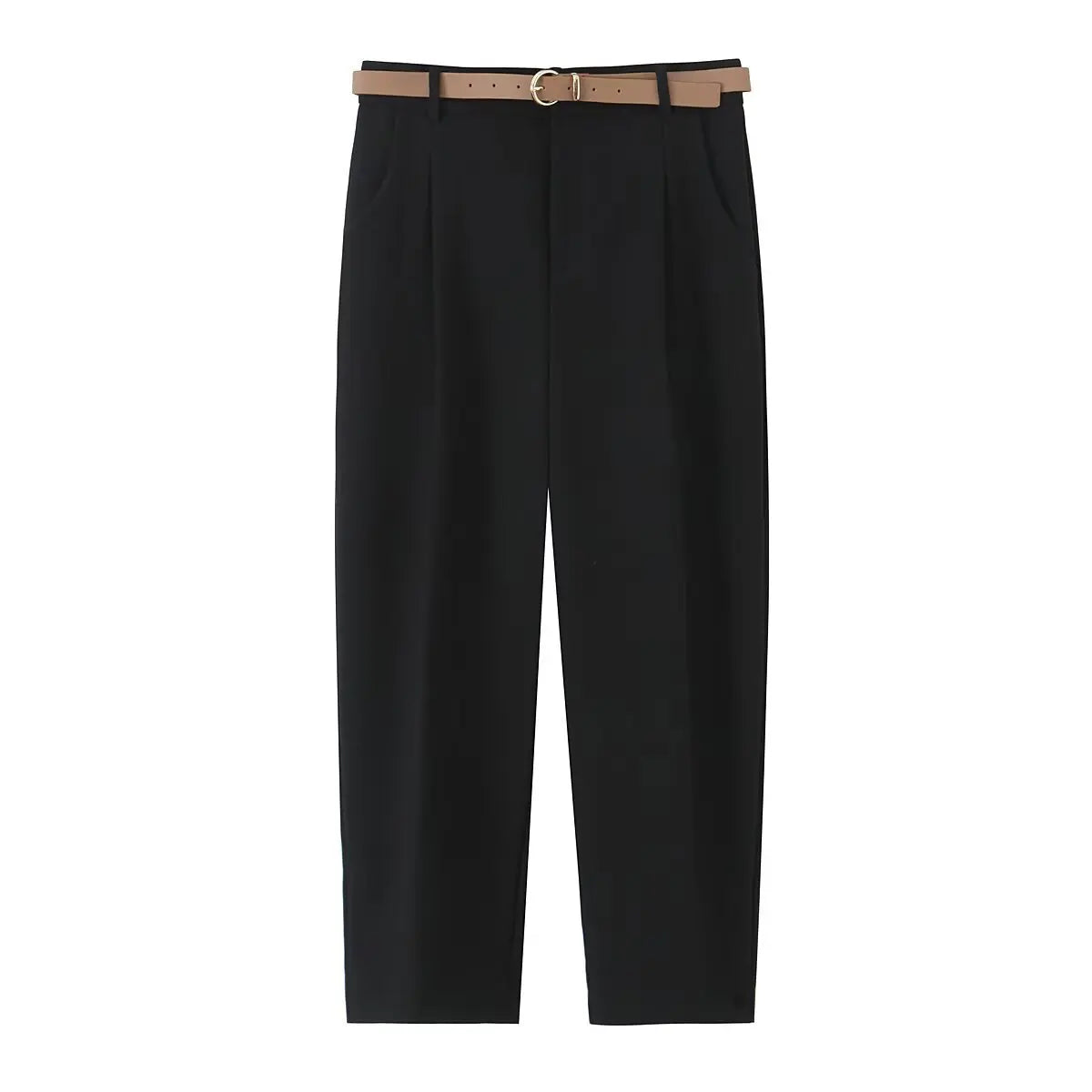ZBZA Women's Belted Pleated Trousers High Waist Side Pockets .