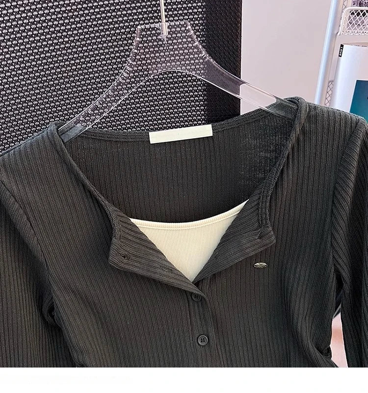 Plus Size Casual Retro Long Sleeves Knitting T-Shirt Women's Spring Fake Two-Piece Shoulder T-shirt Chubby Girl Slim Fit Slim...