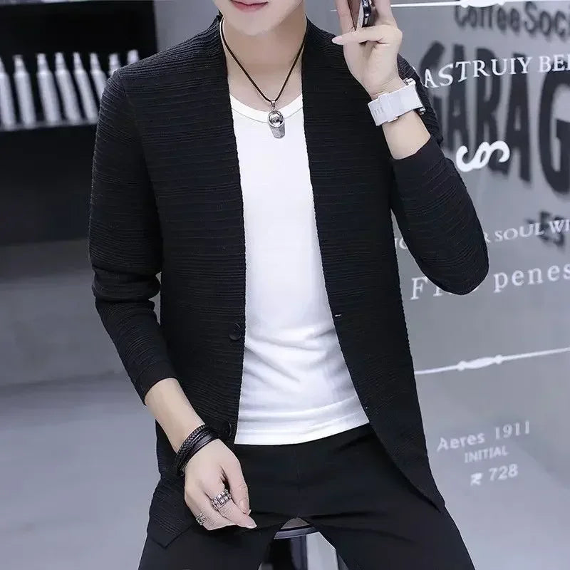 Knit Sweater Male Men's Clothing Cardigan Black Slim Fit Plain .