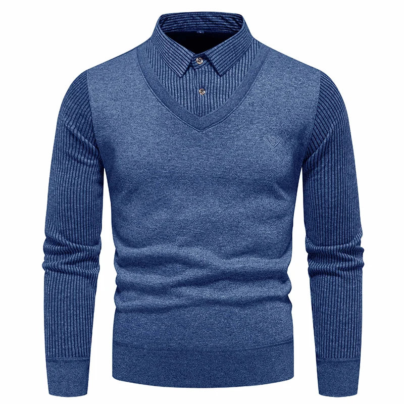 Autumn and Winter New Men's Fake Two Piece Sweater with Fleece and Slim Fit Polo Collar Knitted Bottom Shirt Thickened and Warm