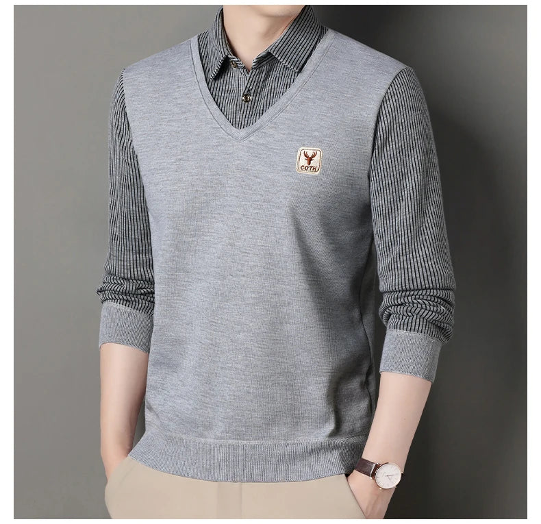 Men's Winter Sweater Fashion Polo Shirt Pullover Slim Fit Elegant Luxury Brand Knitwear Fake Two Pieces Knitted Sweaters
