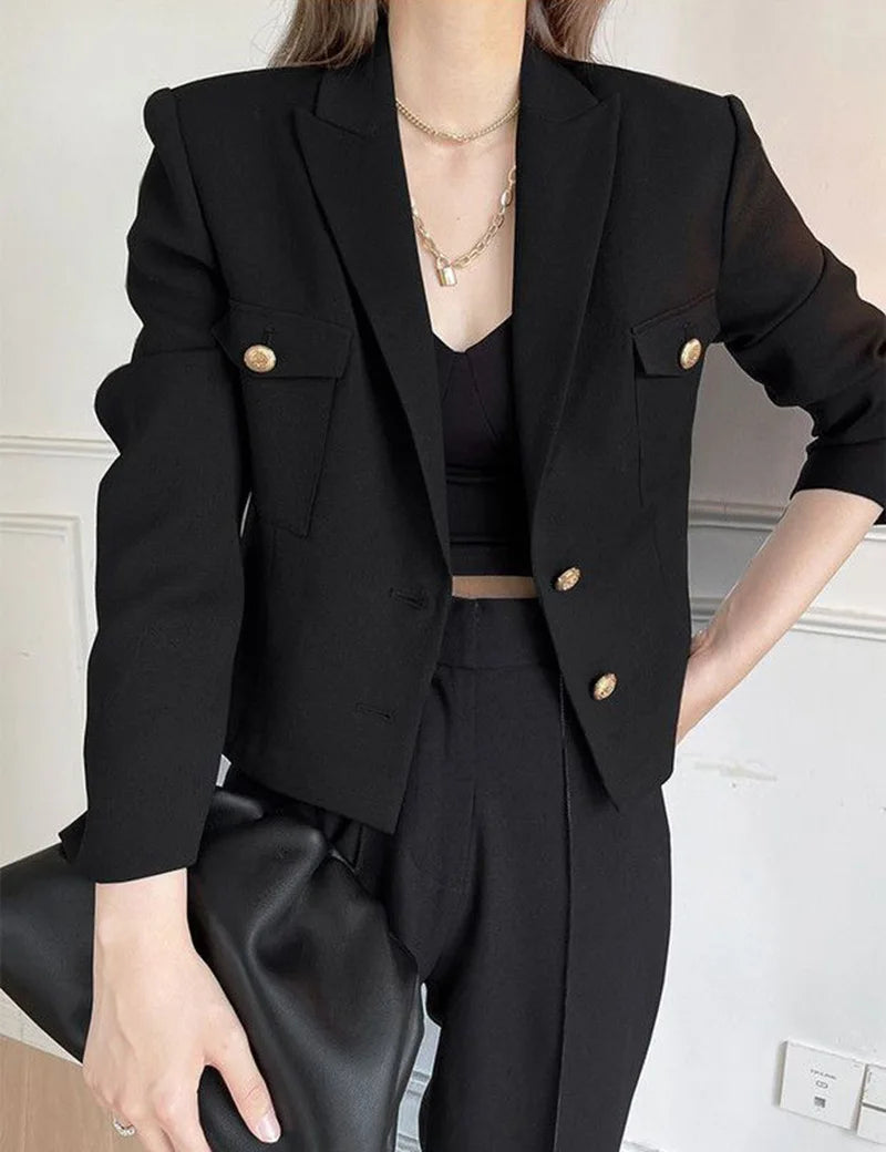 Zoki Casual Black Blazer Coats Women Fashion Slim Long Sleeve .