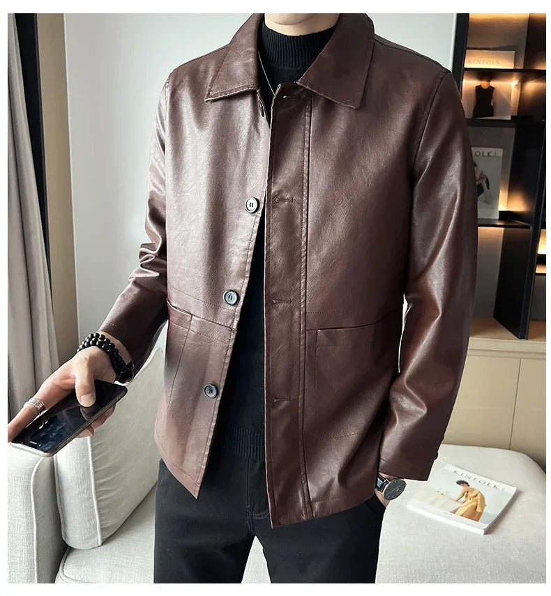 brand slim leather jacket coat Men Business Casual Autumn winter.