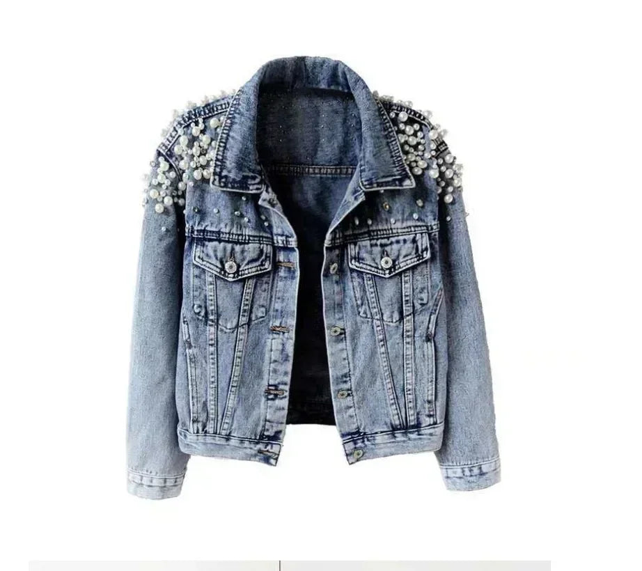 Pearl Denim Coat Women Cotton Spring Autumn Ropa Cardigan Jeans,