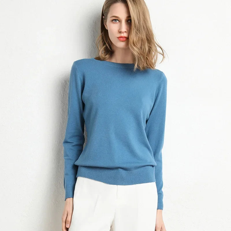 Women Slim O-Neck Pullover Cashmere Wool Blending Sweater.