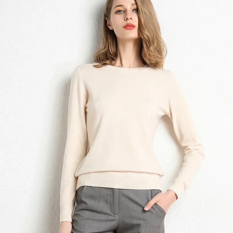 Women Slim O-Neck Pullover Cashmere Wool Blending Sweater.