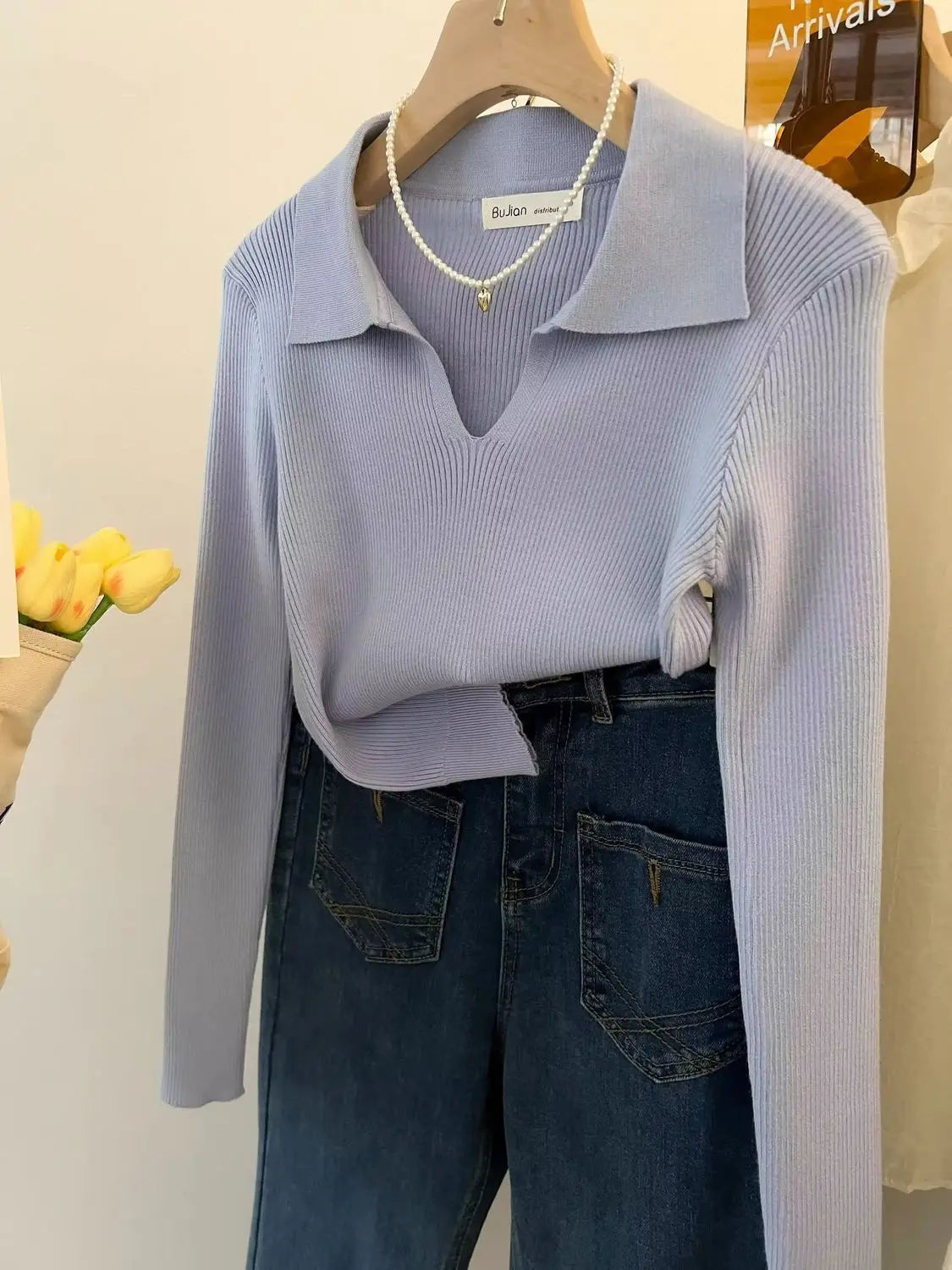 Women Clothing Vintage Fashion Solid Turn-down Collar Pullovers.