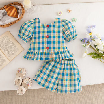 Baby Girl Set Blue Plaid Printed Bubble Sleeve Top with Shorts Suit Summer Girl Outdoor Outfit