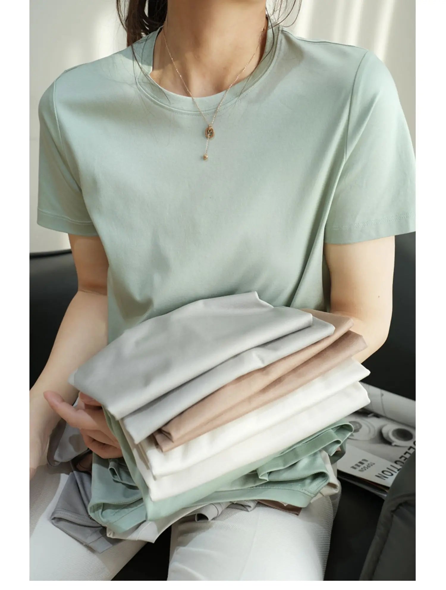 Summer Mercerized Cotton Women Silk T-shirts O Neck Short Sleeve Loose Straight T-shirts Casual Tees For Minimalist 2021