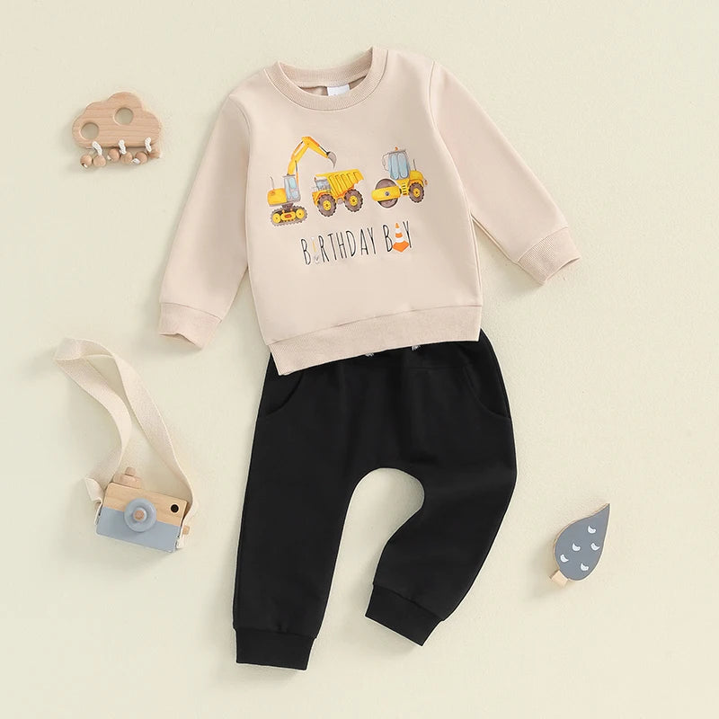 Little Boy Birthday Outfit, Excavator Print Long Sleeve Sweatshirt Pants .