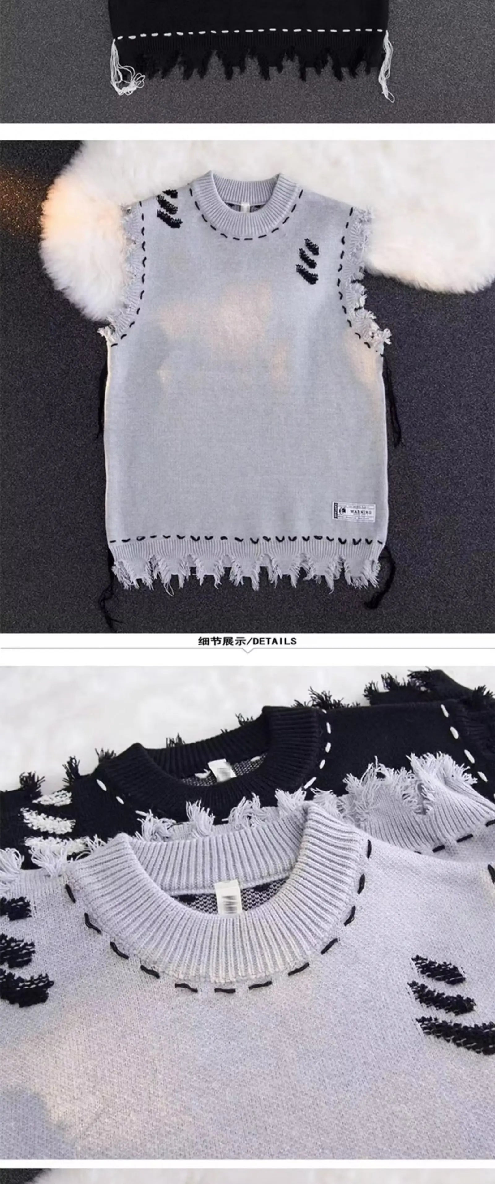 2023 Autumn New Men's Fringe Vest Sweater American Style Street Destructive Sense Round Neck Knitted Top Jacket Casual Scene