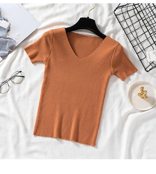V-neck Solid Thin Summer Women Pullover Female Knitted Ribbed Sweater.