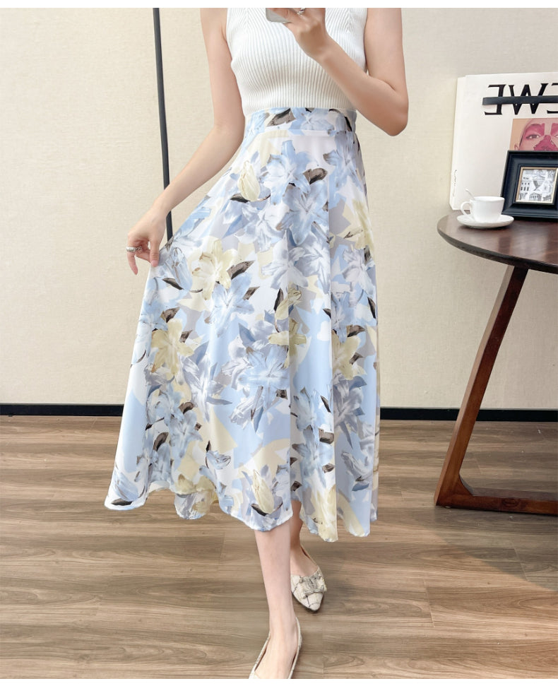 Summer High Waist Women Skirts Casual Floral Printed Chiffon.