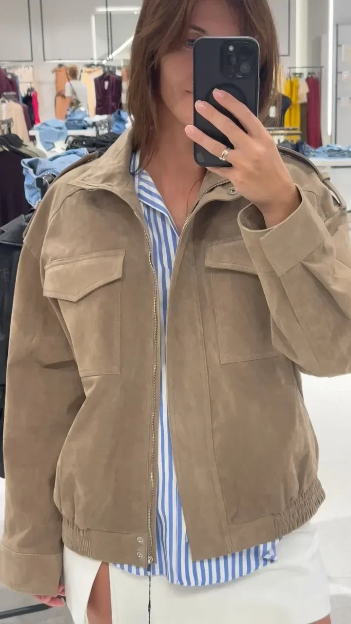 Solid Suede Zipper Cropped Jacket Women Casual Stand Collar .