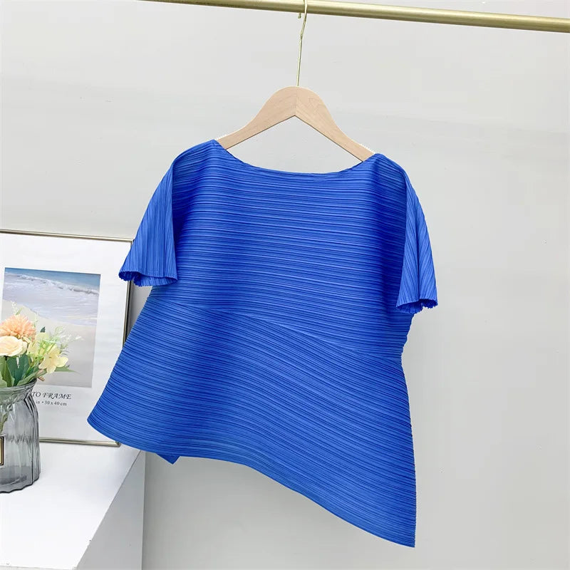 Miyake style pleated tops for women 2024 summer new high-end loose large size stretch fabric clothes temperament T-shirt
