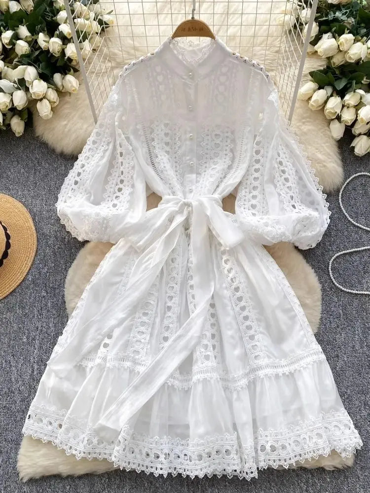 Spring Summer Embroidery Lace Stitching Hollow Out Midi Dress Women's Stand Collar Single Breasted Belt Loose Party Vestidos