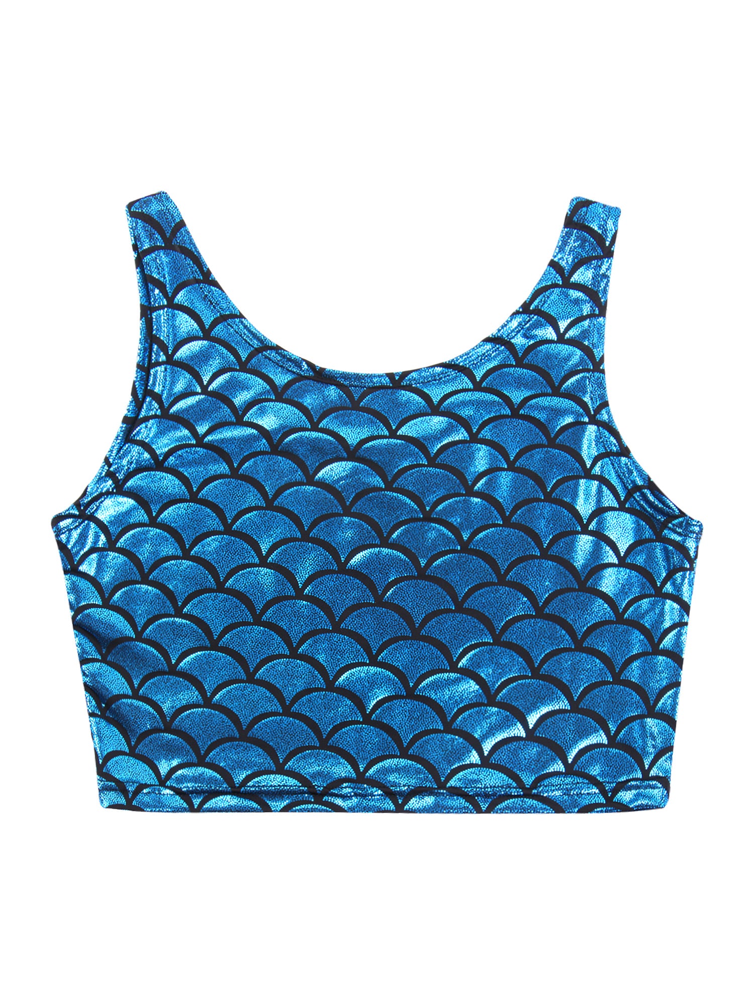 Women Shiny Metallic Crop Top Y2K Mermaid Fish Scale Print Cropped Tank Top Vest Festival Rave Pole Dance Costume Party Clubwear