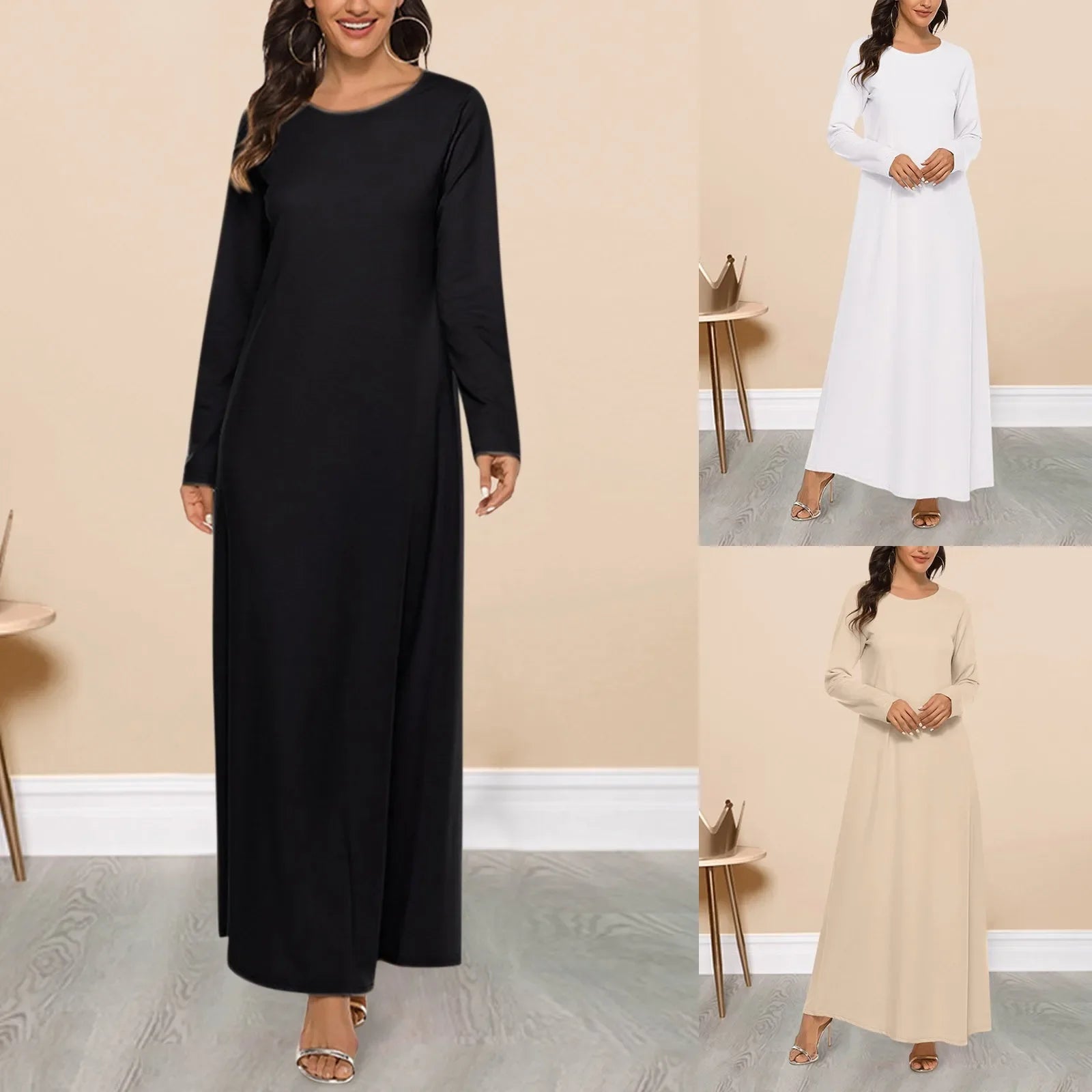 Women's Casual Solid Color Muslim Dress Long Sleeve Hollow Out Sequins Cardigan Loose Fit Long Skirt Islamic Dress
