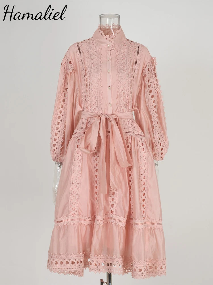 Spring Summer Embroidery Lace Stitching Hollow Out Midi Dress Women's Stand Collar Single Breasted Belt Loose Party Vestidos