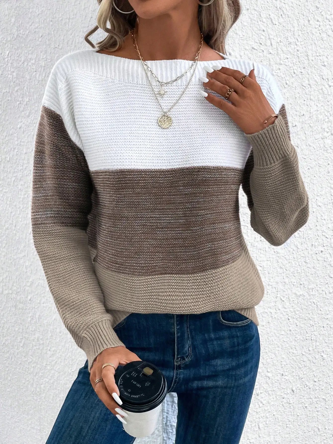 Elegant Three-color Patchwork Sweater Women Daily Commuter Casual .