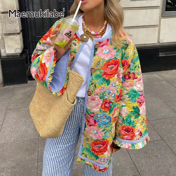 Maemukilabe Floral Print Loose Quilted Jacket .