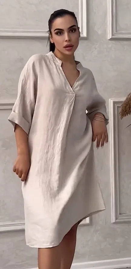 Fashion Cotton And Linen Women's V-neck Loose Dress women fashion'/MH