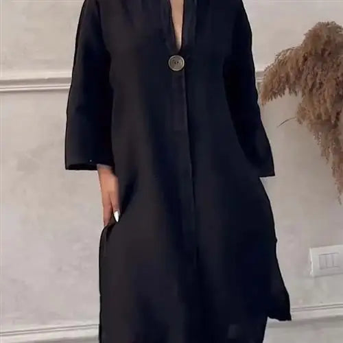 Women's Casual Button-Up Linen irt Long Ne round Color women fashion;/MH
