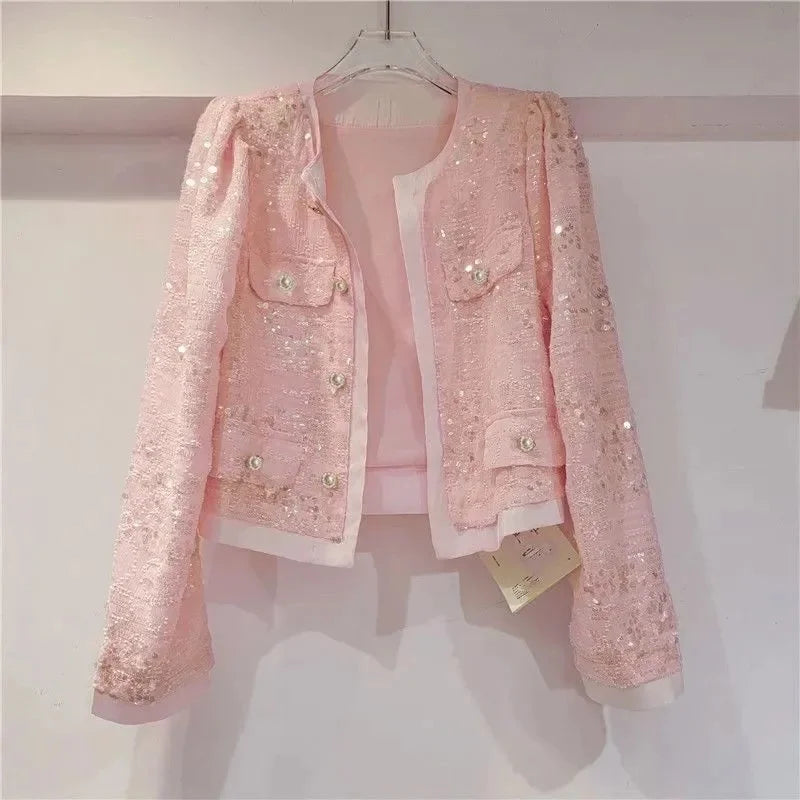 Women's Korean Outerwear Cardigan Splicing Sequin Jacket .