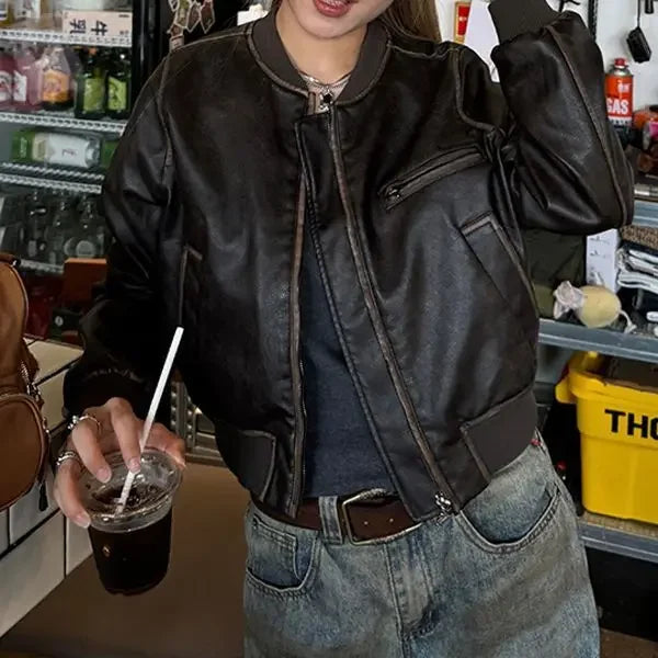 American Vintage Short Motorcycle Leather Jacket Women.