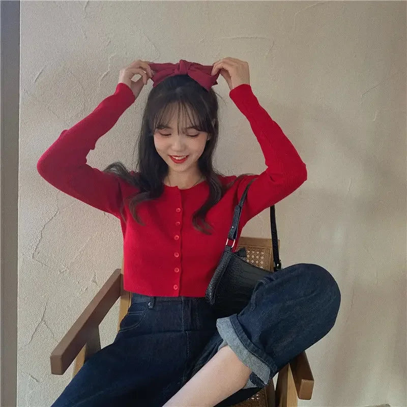 Woman Sweaters Cardigan Red V-neck Knitted Cardigan Women's .