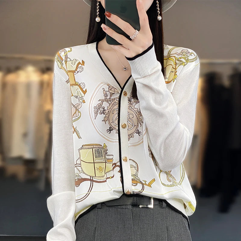 Spring and Autumn New Woven Wool Cardigan Women's V-neck.