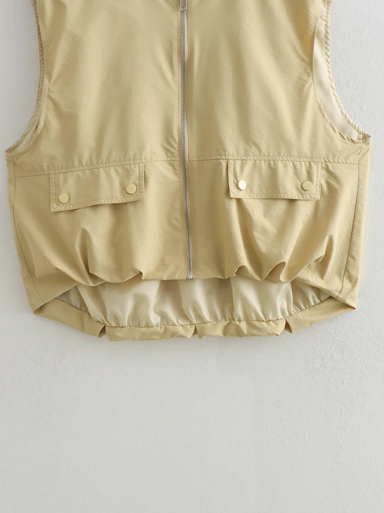 Women Yellow Pocket Irregular Big Size Casual Vest New V-collar.