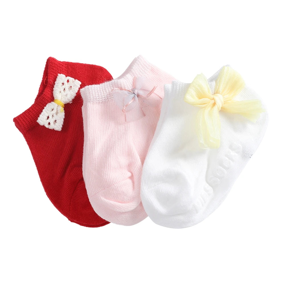 3 Pairs/lot Kids Girls Socks Cotton Children's Anti-slip Boat Socks For Girl Solid Color Bow Kid Sock Four Season 0-5Y