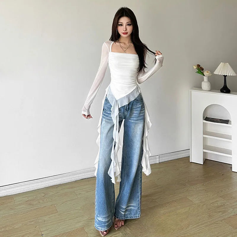 Ruffle Irregular Long Sleeve Women T Shirt Y2K Fashion Streetwear Patchwork Asymmetrical Top Korean Chic Sheer Mesh Ladies Tees