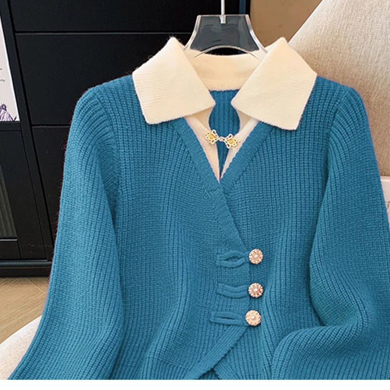New 2025 Autumn Winter Design Splicing Slim Women Knitted Cardigan Sweater Jacket Fashion Fake Two Items Loose Ladies Top