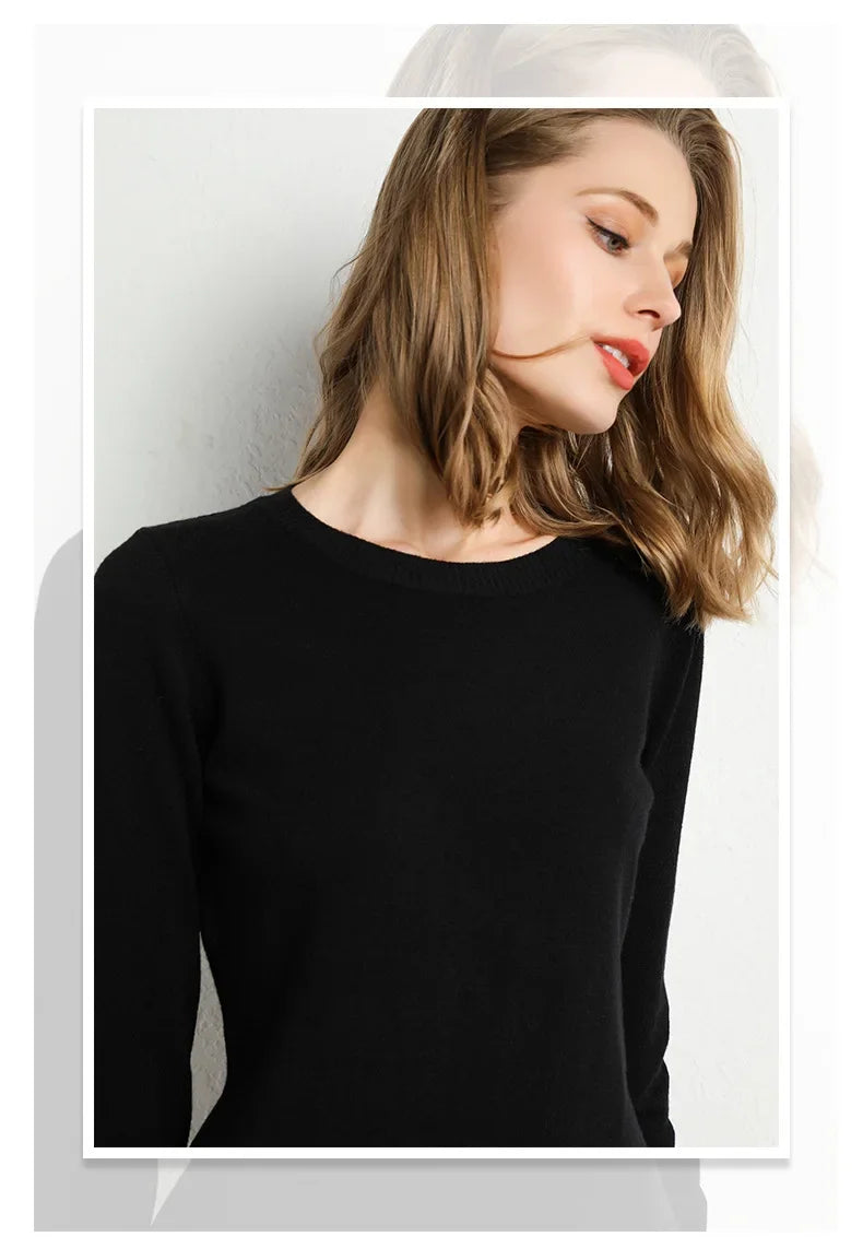 Women Slim O-Neck Pullover Cashmere Wool Blending Sweater.