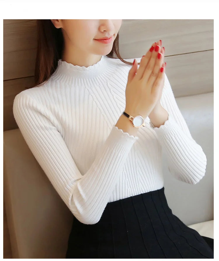 Autumn Women Mock Neck Ruffles Sweater Long Sleeve.