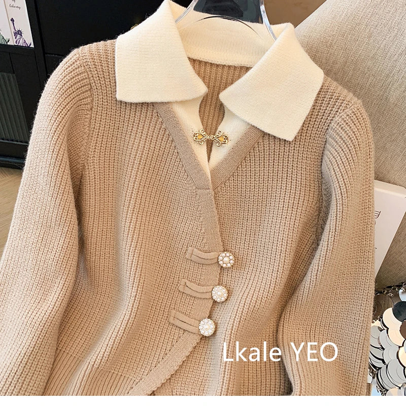 New 2025 Autumn Winter Design Splicing Slim Women Knitted Cardigan Sweater Jacket Fashion Fake Two Items Loose Ladies Top