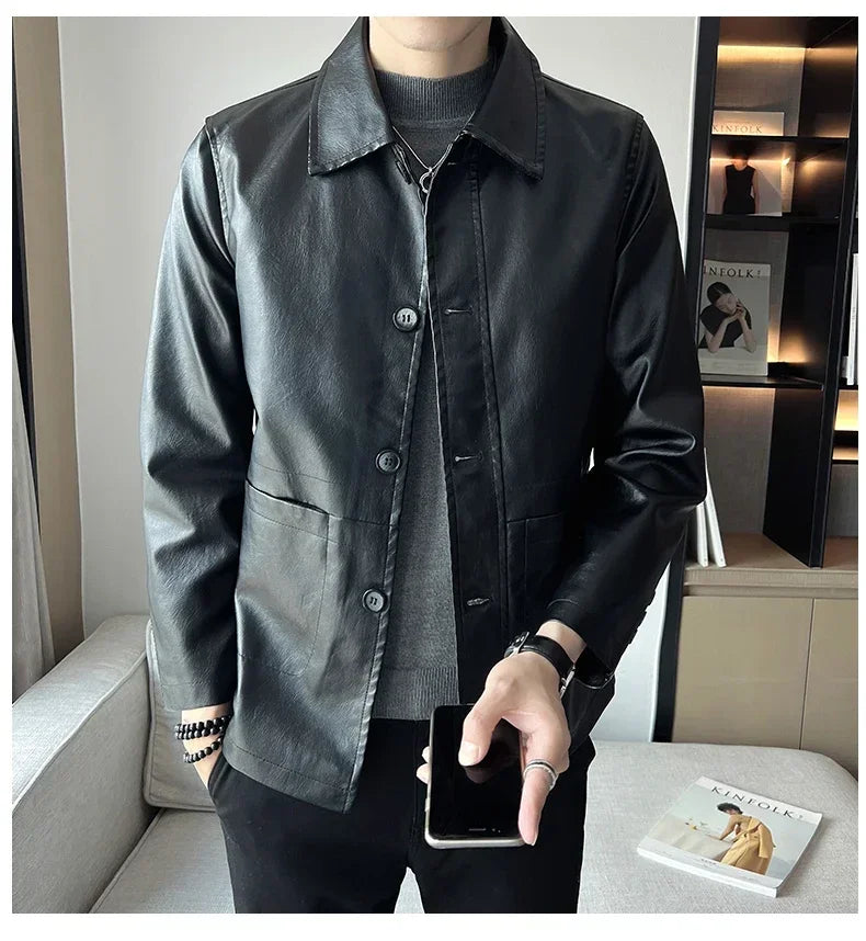 brand slim leather jacket coat Men Business Casual Autumn winter.