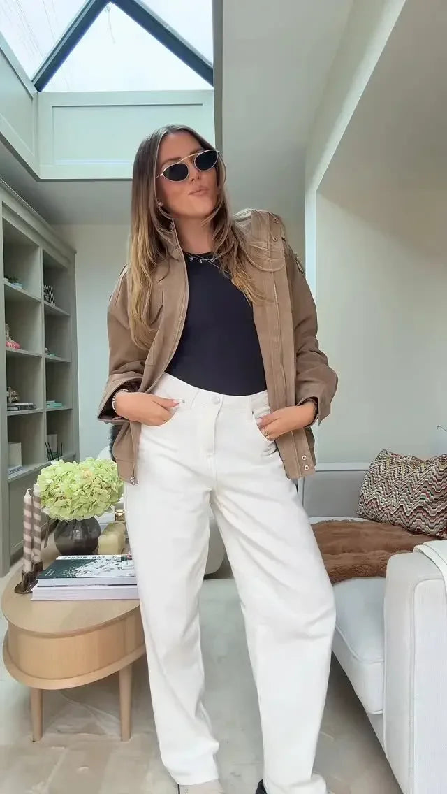 Solid Suede Zipper Cropped Jacket Women Casual Stand Collar .
