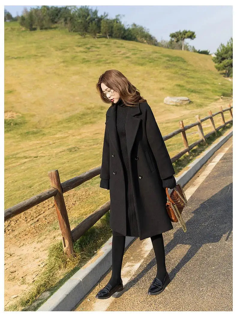 Black Woolen Coat Women's Mid Length New Style .