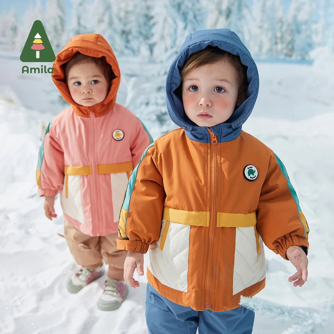 Amila Baby Down Jacket 2024 Winter New Boys Girls Fashion Patchwork Hooded Warm Overcoat Three in One with Pockets Kids Clothing