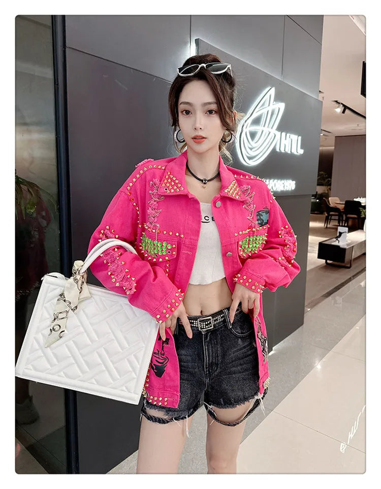 Women Graffiti Printed Rivets Denim Jacket Loose Holes Diamonds .