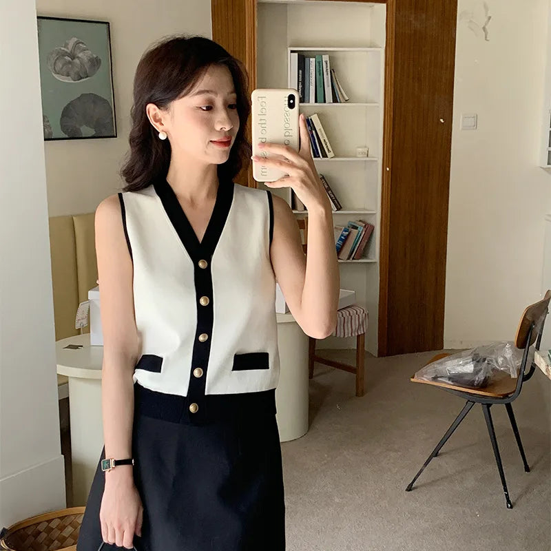 V-neck Classic Vest Women‘s Spring/Summer Viscose Basic Butoon .