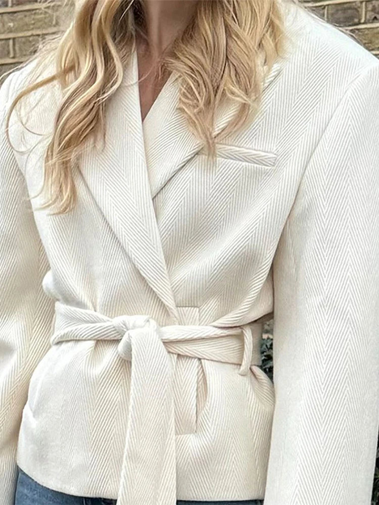 Lace Up Twill Coat Jacket Waist Cinching Suit Collar Two Buttons.