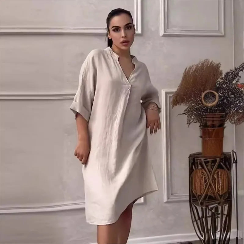 Fashion Cotton And Linen Women's V-neck Loose Dress women fashion'/MH