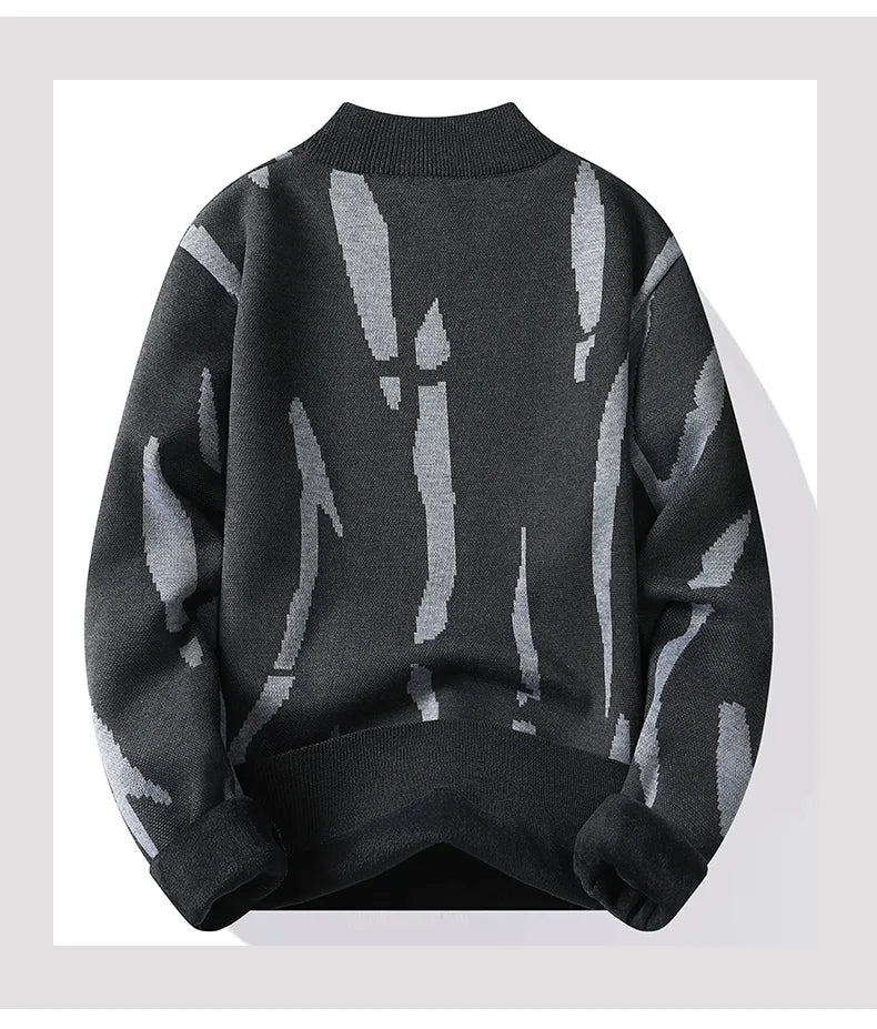 2024 M-4XL Autumn/Winter New Men's Sweater Half High Collar Zebra Pattern Color Blocked Velvet Knitted Sweater Warm Hoodie Top