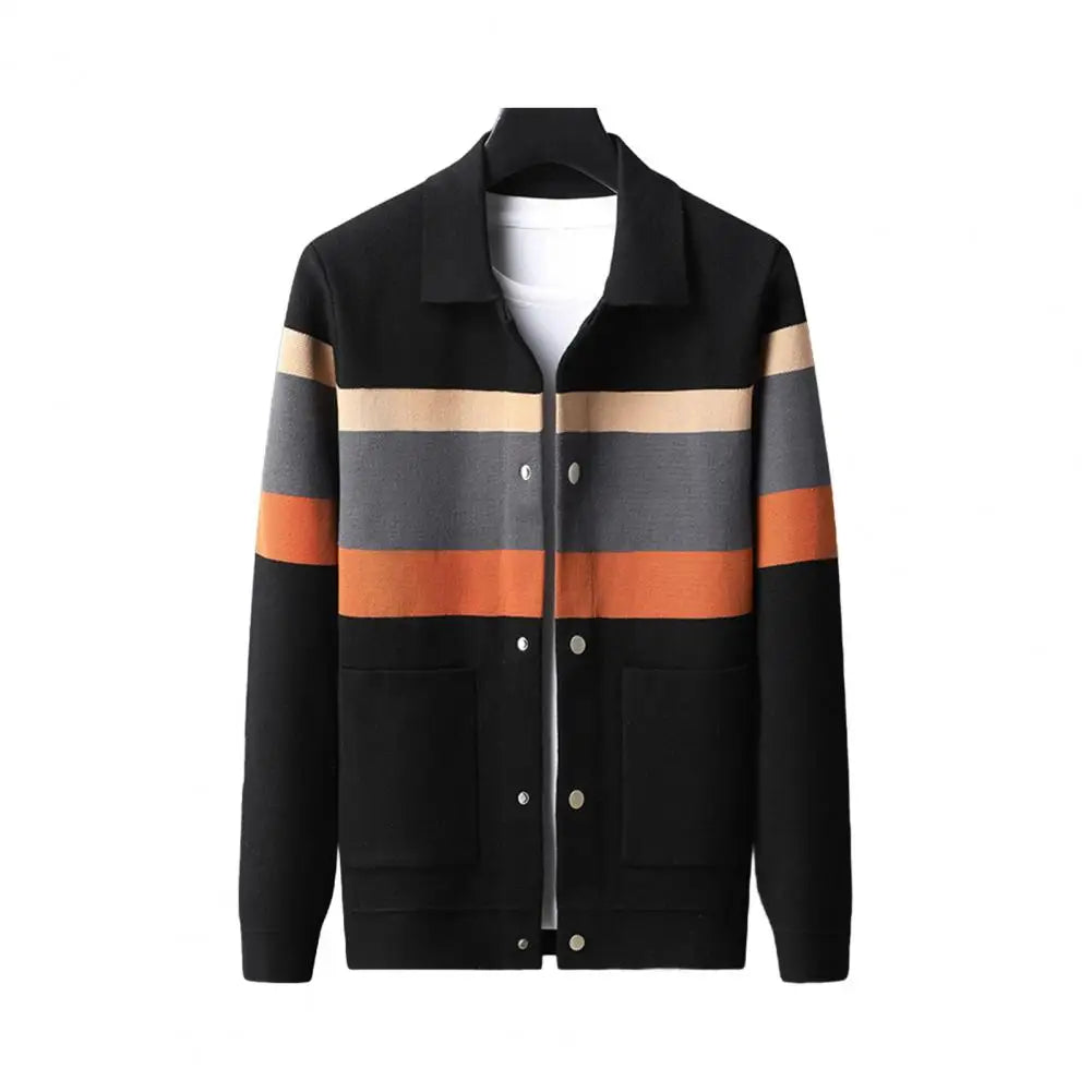 Fall Winter Men Cardigan Sweater Coloblock Turn-down.