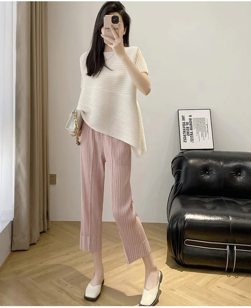 Miyake style pleated tops for women 2024 summer new high-end loose large size stretch fabric clothes temperament T-shirt